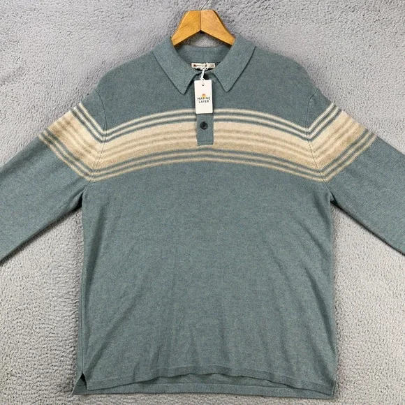 Marine Layer Merino Wool Blend Elias Sweater Polo Men Large Blue Casual Knit NEW
